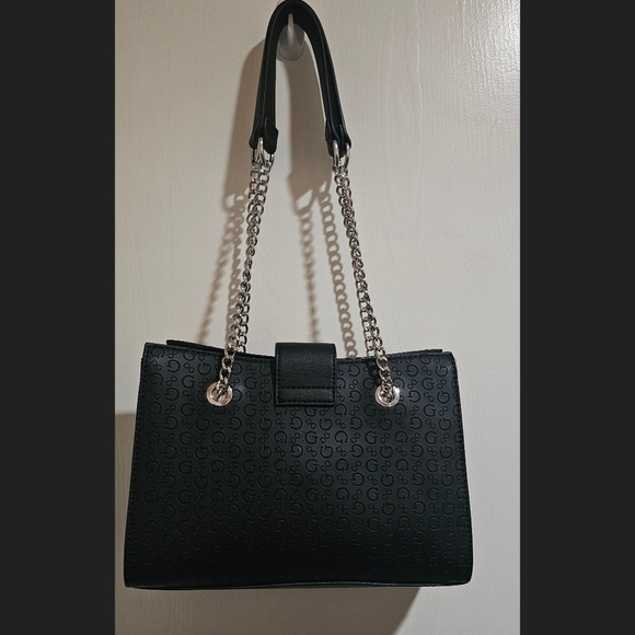 Guess Black Embossed Shoulder Bag with Silver Chains - Picture 2 of 4